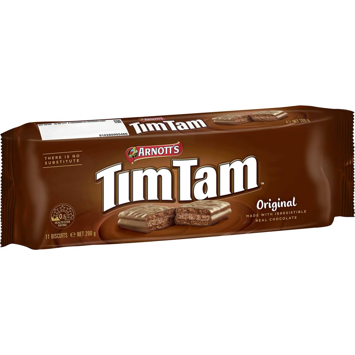 Arnott's Tim Tam Original Chocolate Biscuits, classic chocolate-covered confectionery snacks with creamy filling, stacked in a row.