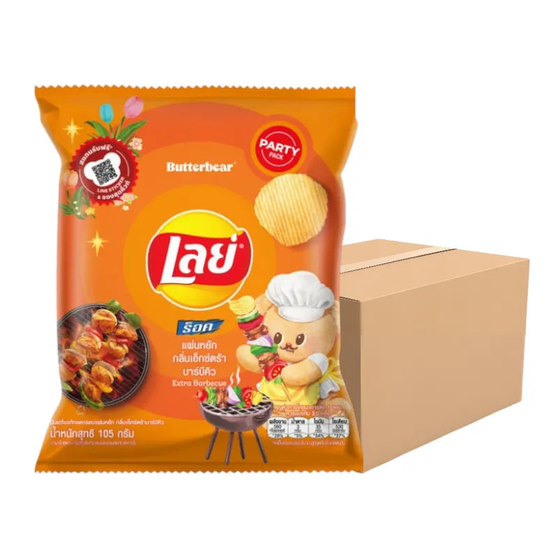 LAYS Rock Extra BBQ snack pack, 105g x14, crispy flavored chips in a bright bag, perfect for snack lovers and casual gatherings.