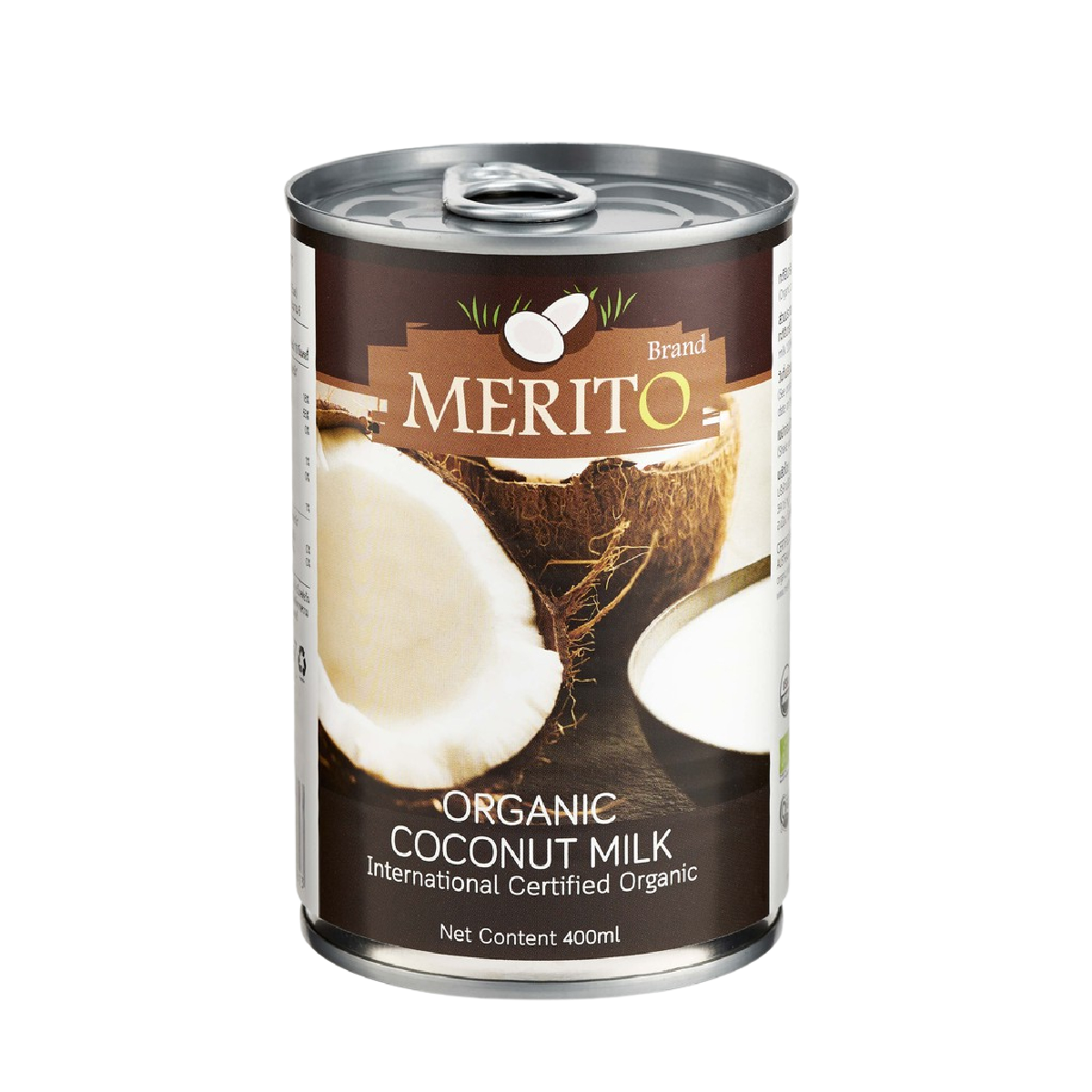 Coconut milk in a carton from Merito, organic grocery product with a green label, ready for cooking or baking.
