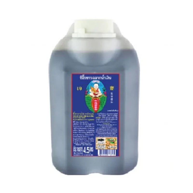Deksomboon Thin Soy Sauce 4.5L bottle, a soy sauce in a clear plastic bottle, used for cooking and seasoning in Asian cuisine.