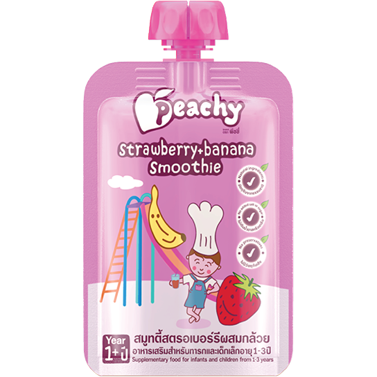 Peachy brand healthy strawberry and banana smoothie in a clear glass, topped with fresh fruit slices and served cold.