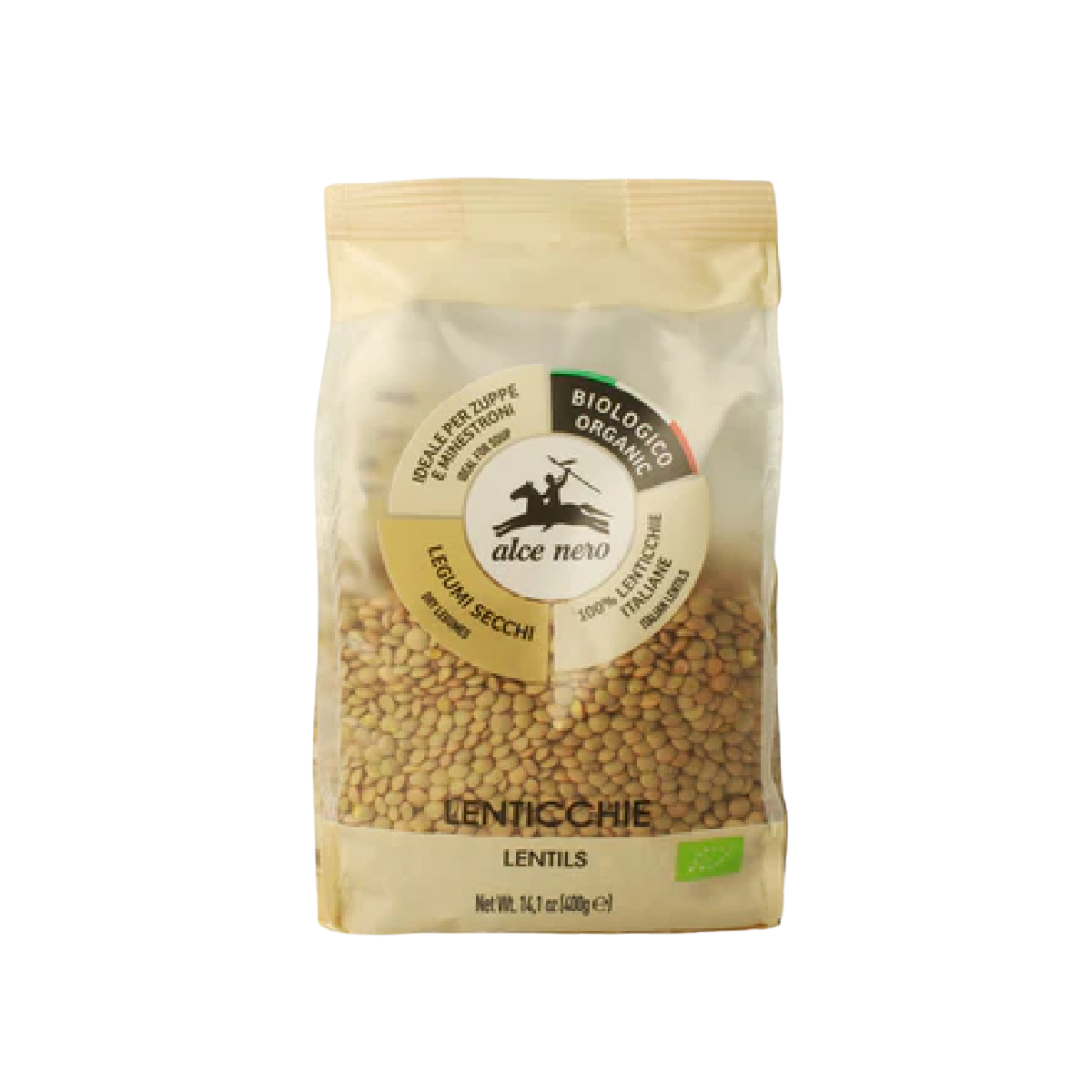 Alce Nero Organic Lentils in a package, showcasing healthy confectionery snack made from organic lentils.