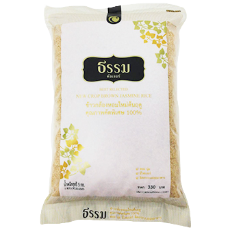 Thamm New Crop Brown Jasmine Rice in a bag, showcasing fresh, whole grains for cooking and healthy meals.