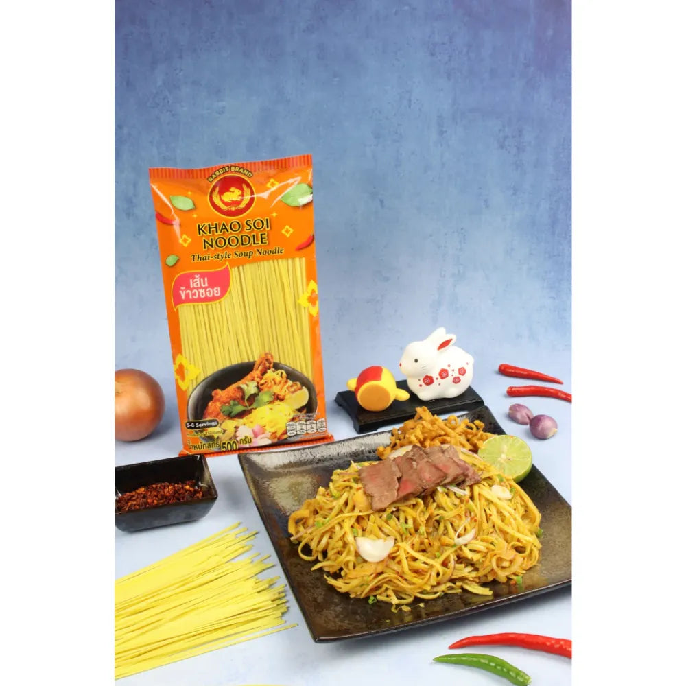 Dry grocery image of Rabbit Brand Khao SOI noodles 500g package, featuring the product packaging with noodles visible.