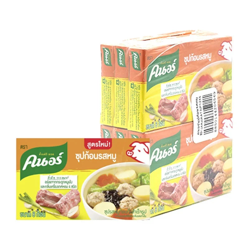Knorr pork stock cubes in a box, 80g x6, dry grocery product with six individual cubes in sealed packaging.