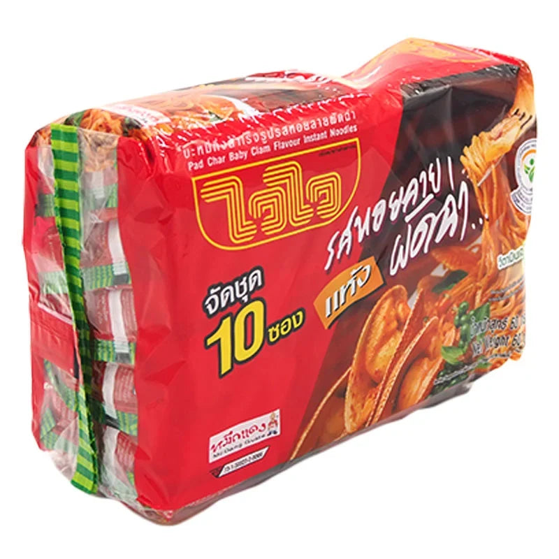 WAIWAI Pad Char Baby Clam Flavour instant noodles, 60g pack, dry grocery product, showing noodles and clam flavor seasoning.