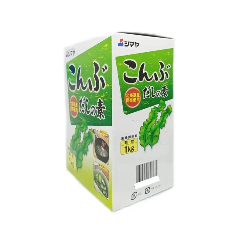 Shimaya Kombu Dashi No Moto Hokkaido kelp granules in a 1kg package, dry grocery product with green kelp granules and packaging.