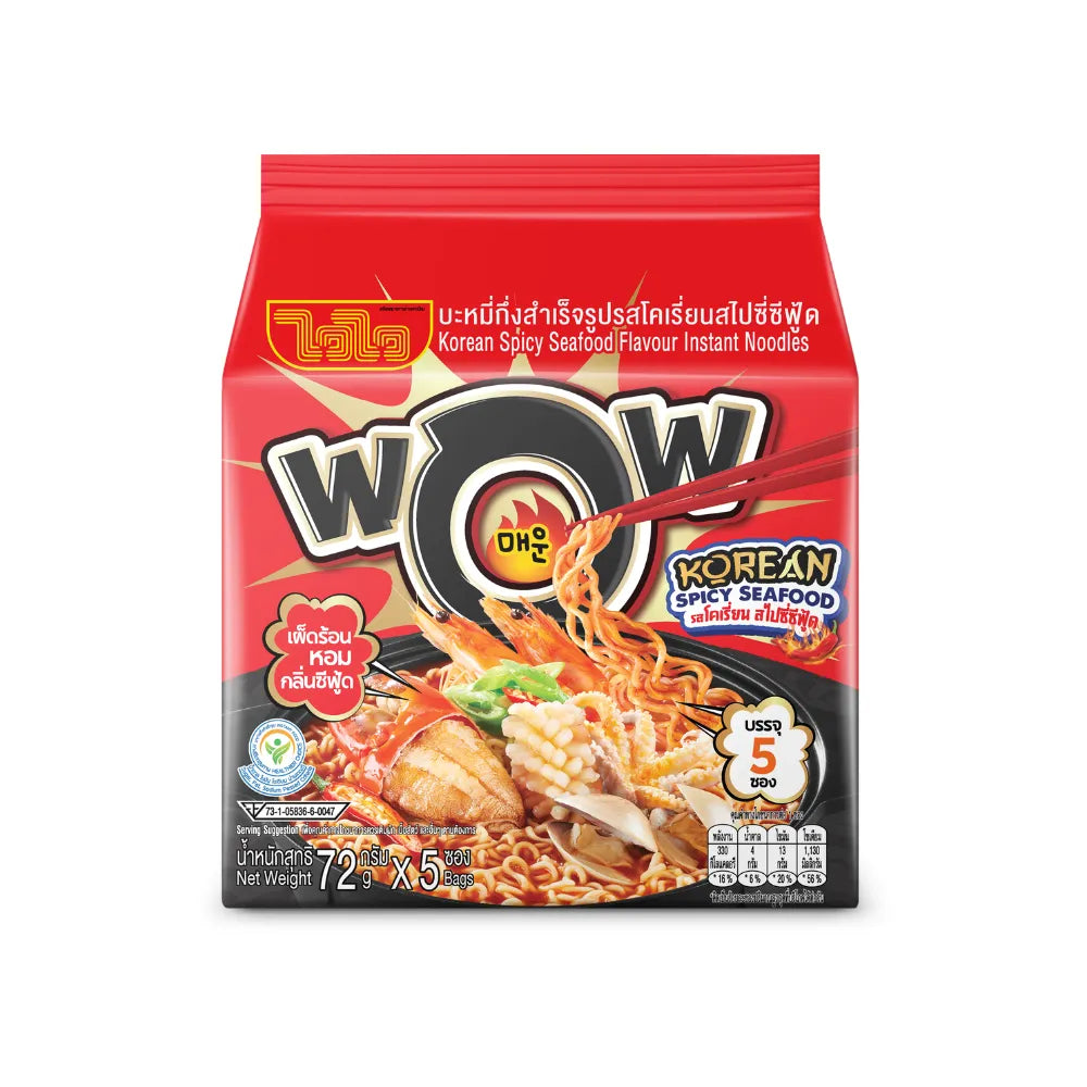 WAIWAI Waiwai Wow Korean Spicy Seafood dry grocery package with spicy seafood flavor, vibrant packaging, and product details.