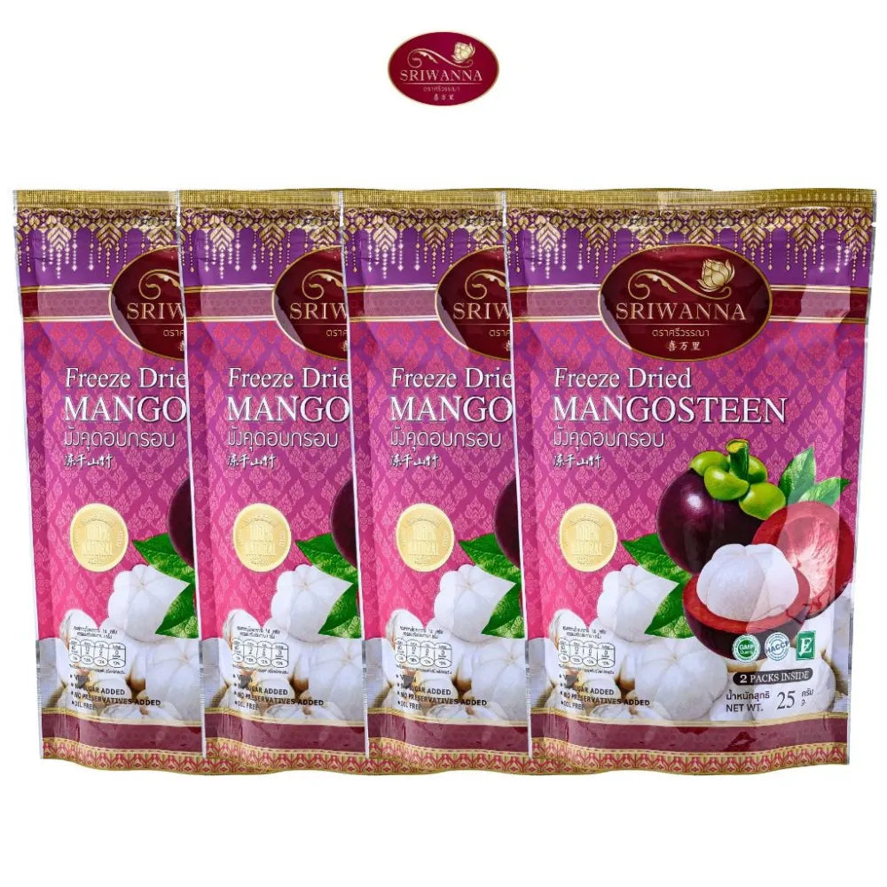 Sriwanna Freeze Dried Mangoteen in 25g pack, dry grocery snack with vibrant mango flavor, from the Sriwanna brand.