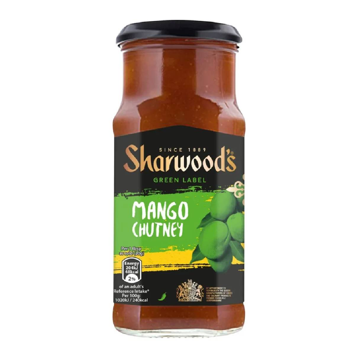 Jar of Sharwood's Green Label Mango Chutney with a label showing the product name and brand, placed on a kitchen countertop.