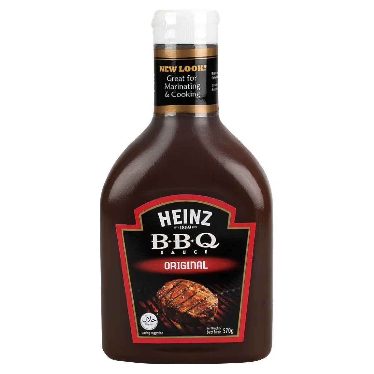Heinz Original BBQ Sauce bottle with label, showcasing rich, smoky barbecue flavor in a grocery product image.
