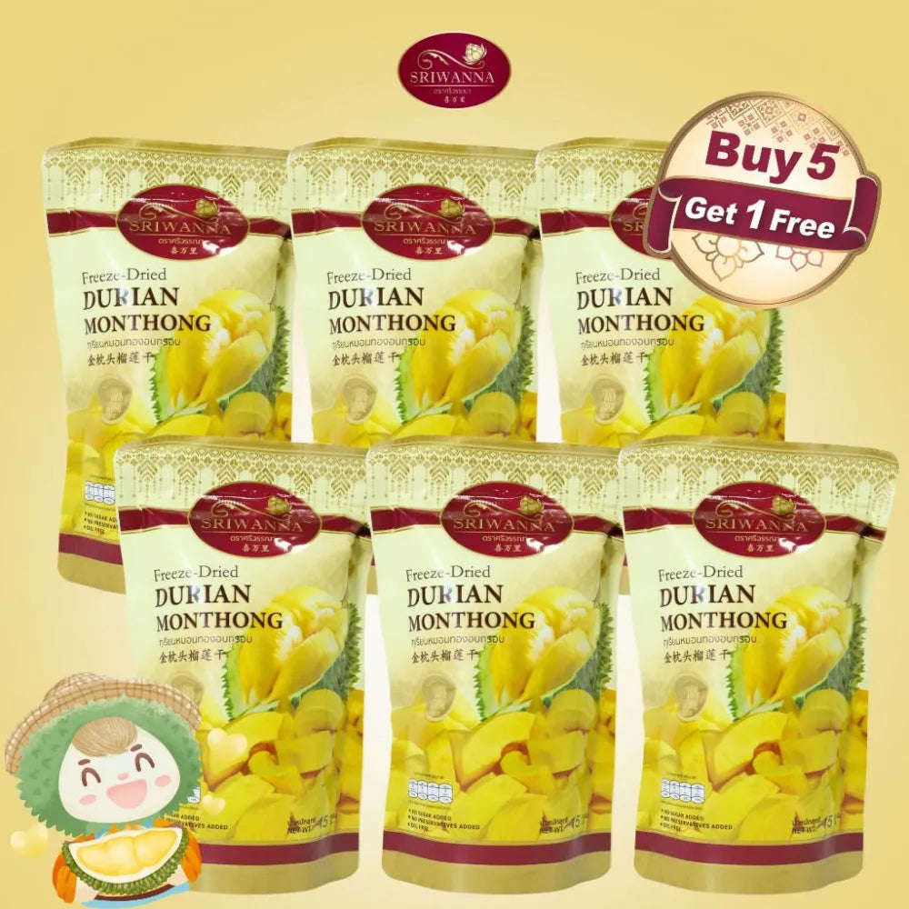 Sriwanna Freeze Dried Durian Monthong 15g in a clear package, showcasing golden dried durian pieces from SRIWANNA.