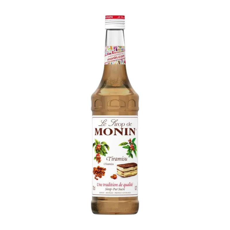Monin Tiramisu Syrup 700ml bottle, dry grocery product with a label featuring flavor details and branding.
