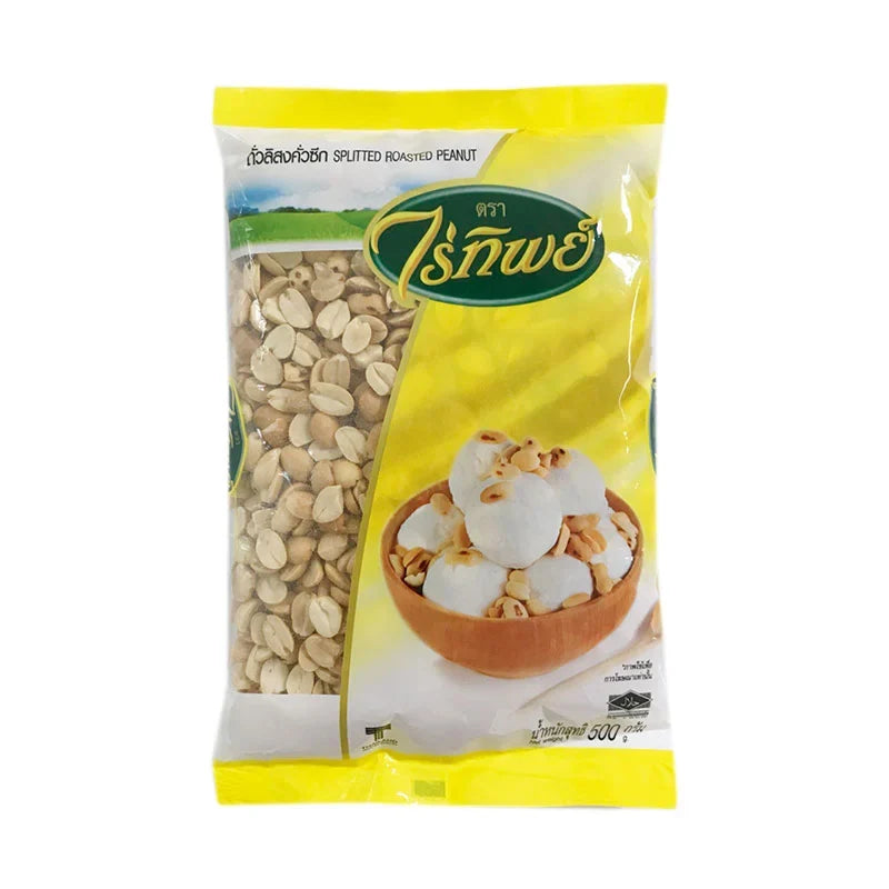 Raitip Splitted Roasted Peanuts in 500g pack, dry grocery snack with golden-brown roasted peanuts and crunchy texture.