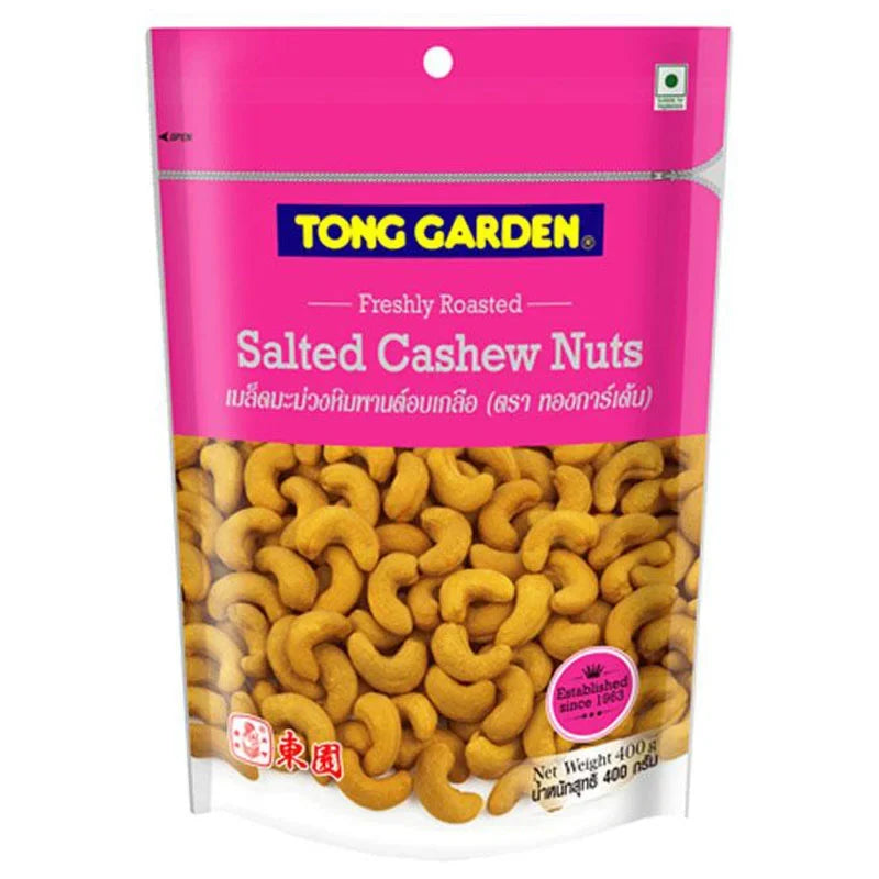 Tong Garden Cashew Nut Salt snack in 400g pack, dry grocery and confectionery, showing salted cashews in a clear container.