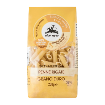 Organic Alce Nero Penne pasta in a clear package, ready for cooking, showcasing traditional Italian grocery style.
