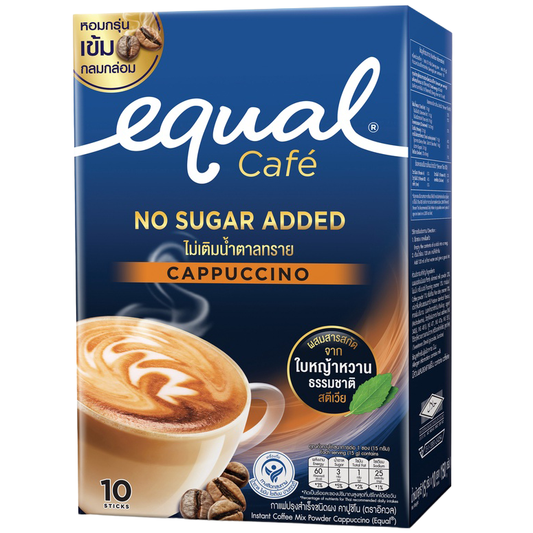 Equal Cappuccino instant coffee mix powder in a glass with frothy top, ready to drink, showcasing the beverage's rich, creamy appearance.