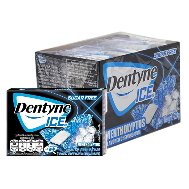 Dentyne Ice gum pack with 20 pieces, sugar-free chewing gum from Dentyne, featuring cool mint flavor in a compact package.