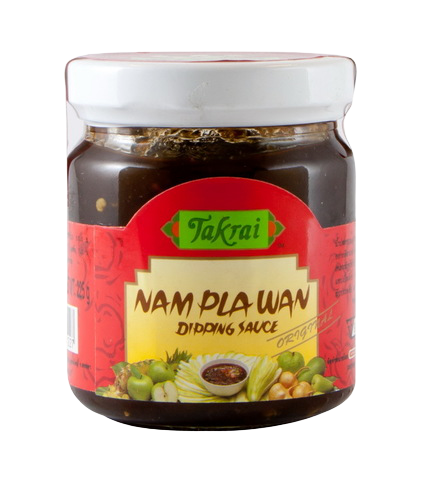 Bottle of Ta Krai Namplawan Dipping Sauce with a red cap and label, ready for use in Asian cuisine.