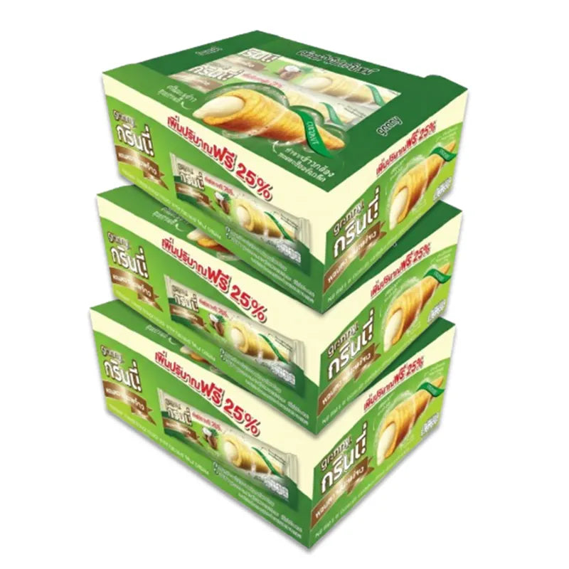 Grinny coconut-coated snack filled with milk cream, 15g x3, in colorful packaging, part of dry grocery snack confectionery.