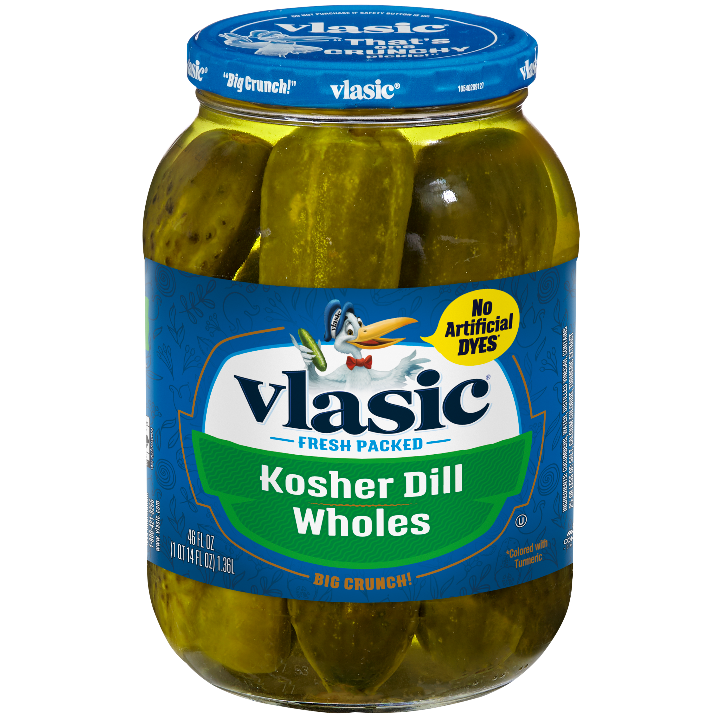 Jar of Vlasic Kosher Dill Whole pickles in a glass jar with a label showing fresh dill and whole cucumbers on the label.