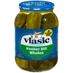 Jar of Vlasic Kosher Dill Whole pickles in a glass jar with a label showing fresh dill and whole cucumbers on the label.