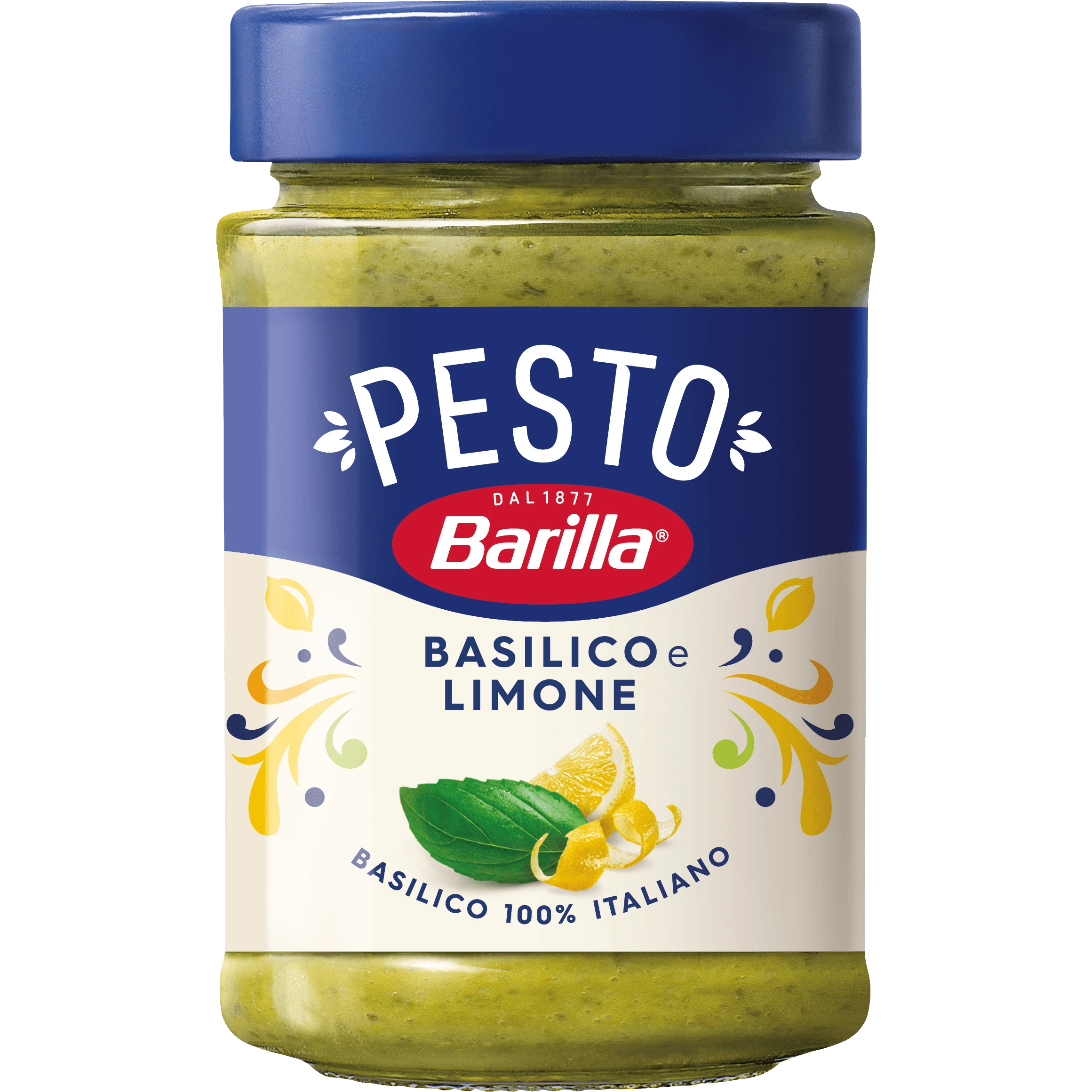 Barilla Pesto Basilico Limone jar showing green basil pesto with lemon, labeled as Italian grocery product with brand logo.