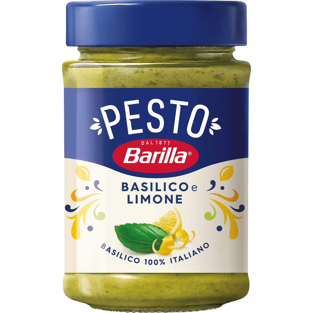 Barilla Pesto Basilico Limone jar showing green basil pesto with lemon, labeled as Italian grocery product with brand logo.