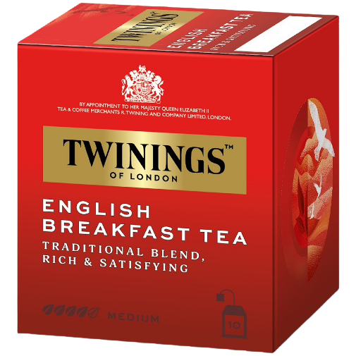 Twining's English Breakfast tea in a clear glass cup, showcasing the brewed dark tea with a tea bag tag hanging on the side.