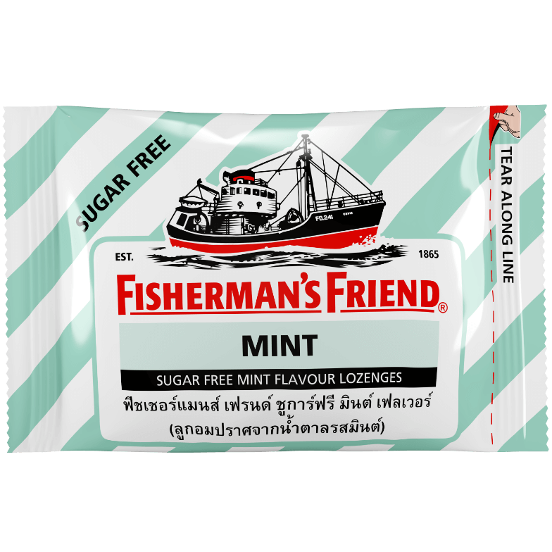 Fisherman's Friend Sugarfree Mint confectionery snacks in a clear package, featuring mint candies and branding.