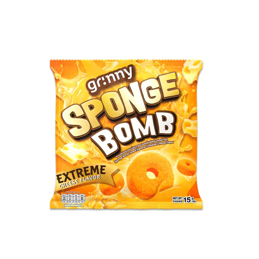 Grinny Sponge Bomb Snack Extreme Cheddar cheese flavor, 15g x12, dry grocery snack with cheesy, sponge-like snack pieces.