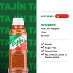 Tajin Clasico Seasoning in a spice jar, featuring red chili and lime flavor, used for enhancing grocery dishes with bold flavor.