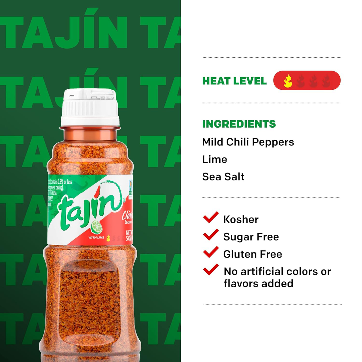Tajin Clasico Seasoning in a spice jar, featuring red chili and lime flavor, used for enhancing grocery dishes with bold flavor.