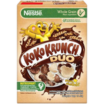 Nestle Koko Krunch Duo cereal box with chocolate and cocoa-flavored cereal pieces for breakfast.