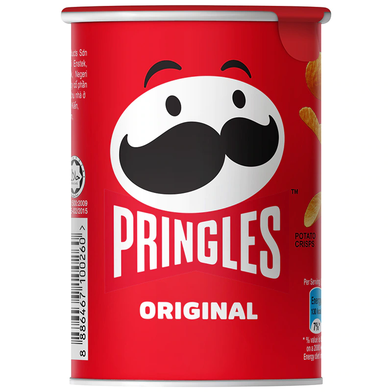 Crispy Pringles snack chips from Pringles, showing a stack of classic flavored potato crisps in a colorful container.