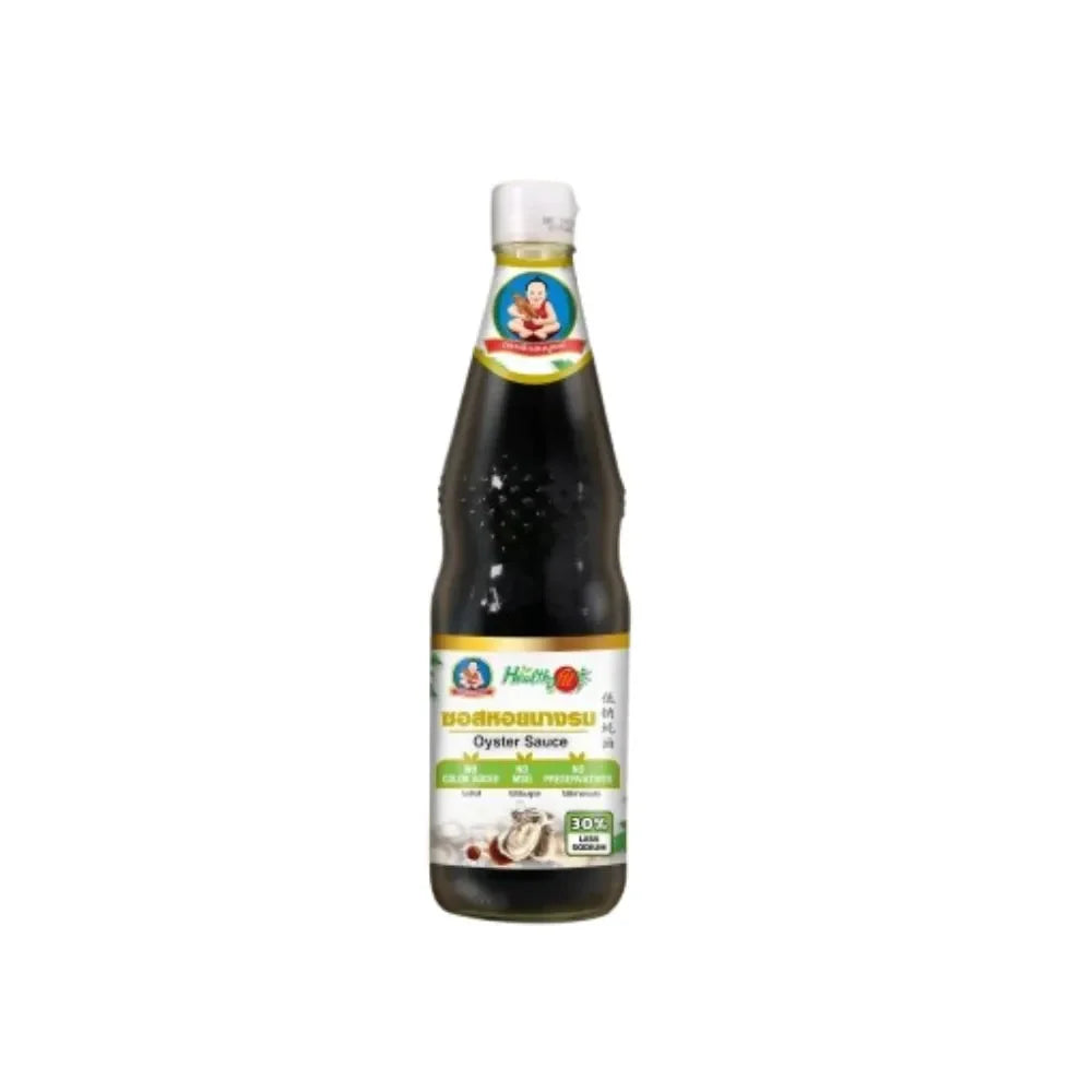 Deksomboon less sodium oyster sauce 800g bottle, dry grocery product with 30% reduced salt content and rich oyster flavor