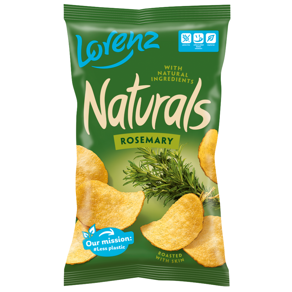 Lorenz Natural Rosemary confectionery snacks in a clear package, showing crispy, herb-flavored treats with rosemary seasoning.