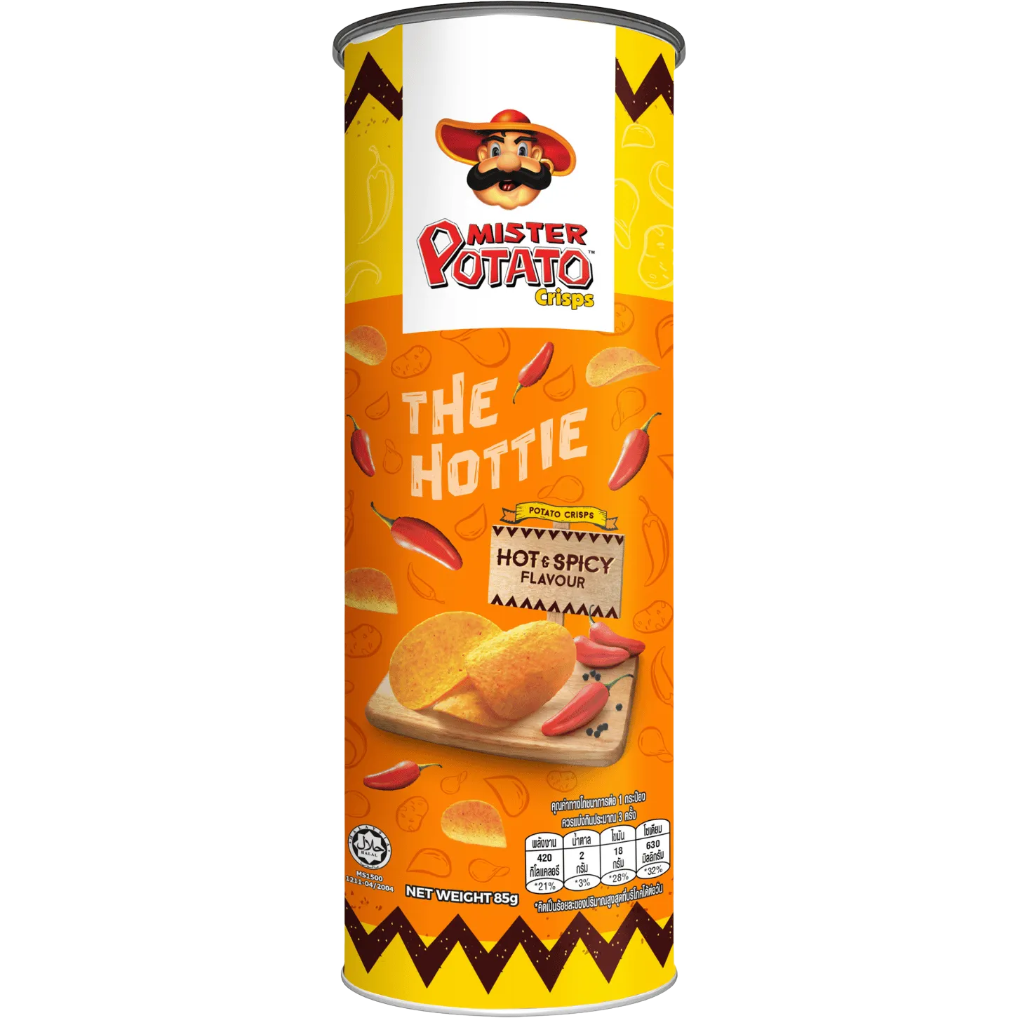 Mister Potato Hot & Spicy Potato Crisps in a colorful bag, crispy snack with bold spicy flavor and crunchy texture.