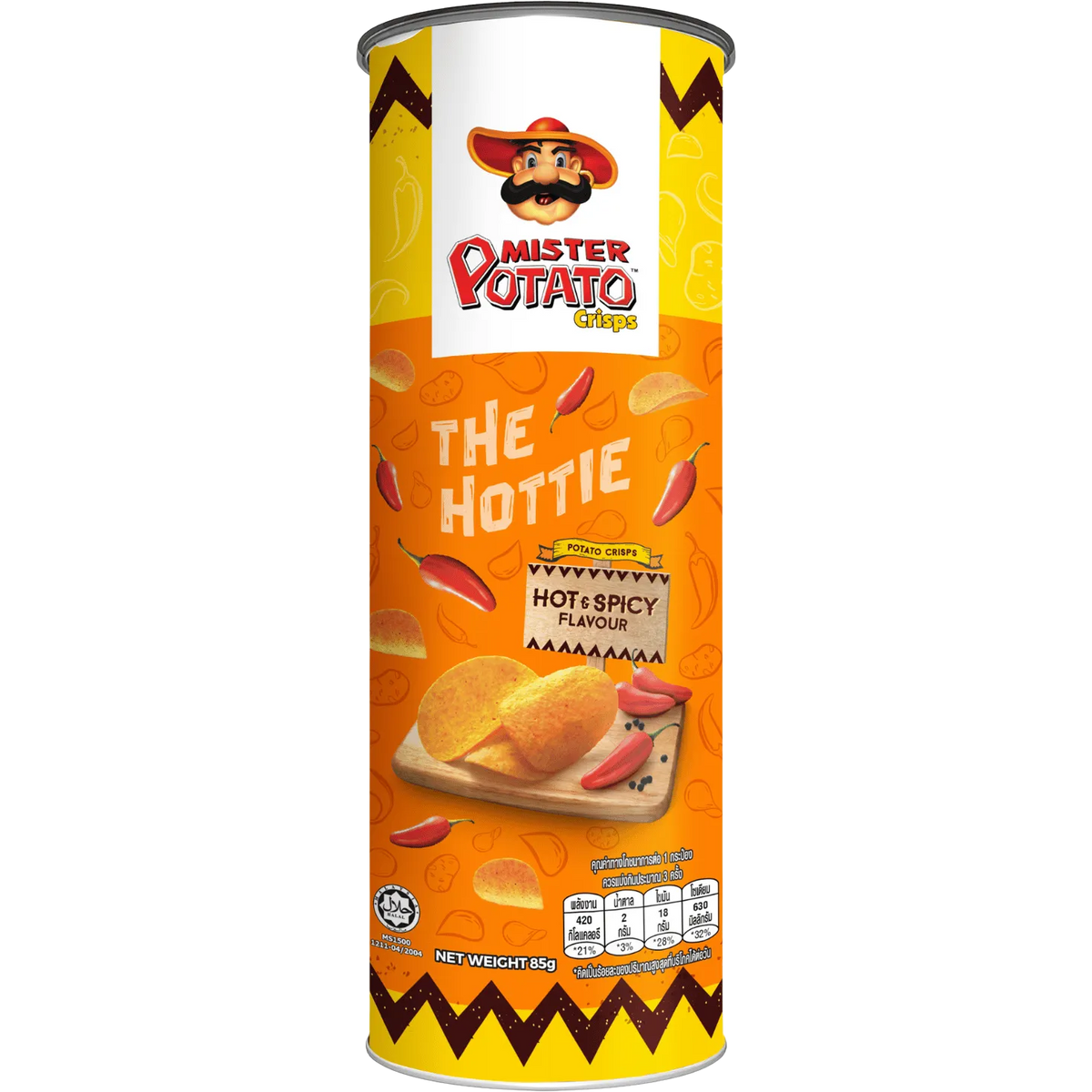 Mister Potato Hot & Spicy Potato Crisps in a colorful bag, crispy snack with bold spicy flavor and crunchy texture.