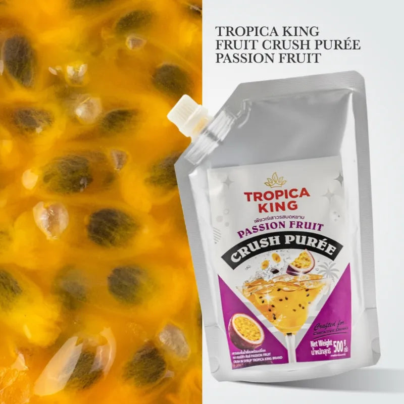 TROPICA KING Passion Fruit Puree 500g jar, tropical fruit puree in a glass jar for baking or smoothies.