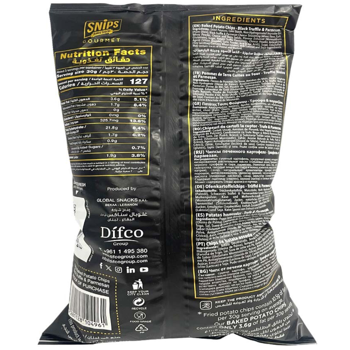 Snips Black Truffle and Parmesan baked potato chips in a bowl, showcasing the crispy, seasoned snack with black truffle and Parmesan flavor.