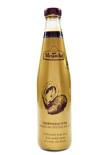 Bottle of Megachef oyster sauce for cooking, with a label displaying the brand and product name, on a plain background.