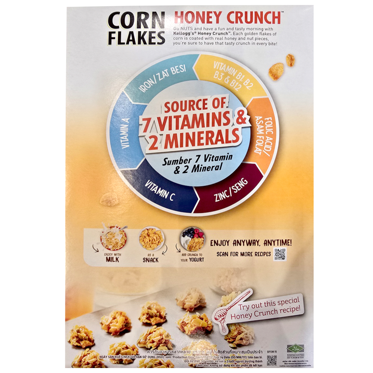 Kelloggs Honey Crunch Corn Flakes in a cereal box with golden flakes and honey flavor details on the packaging.