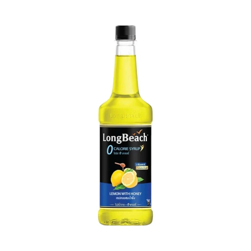 LongBeach Zero Calories Lemon Honey Syrup bottle, dry grocery product with a yellow label and clear liquid inside.