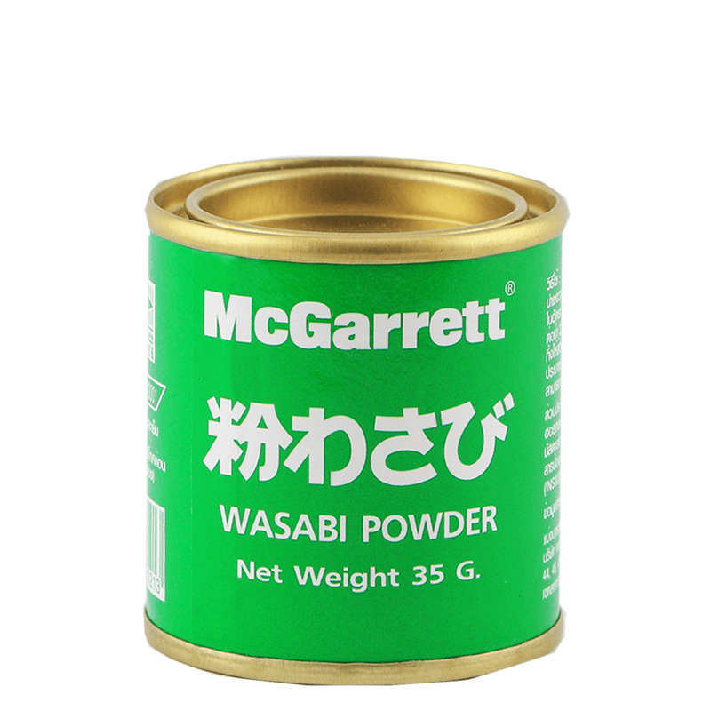 McGarrett Wasabi Powder in a clear jar, showing bright green wasabi powder, used as a spicy condiment for sushi and Asian dishes.