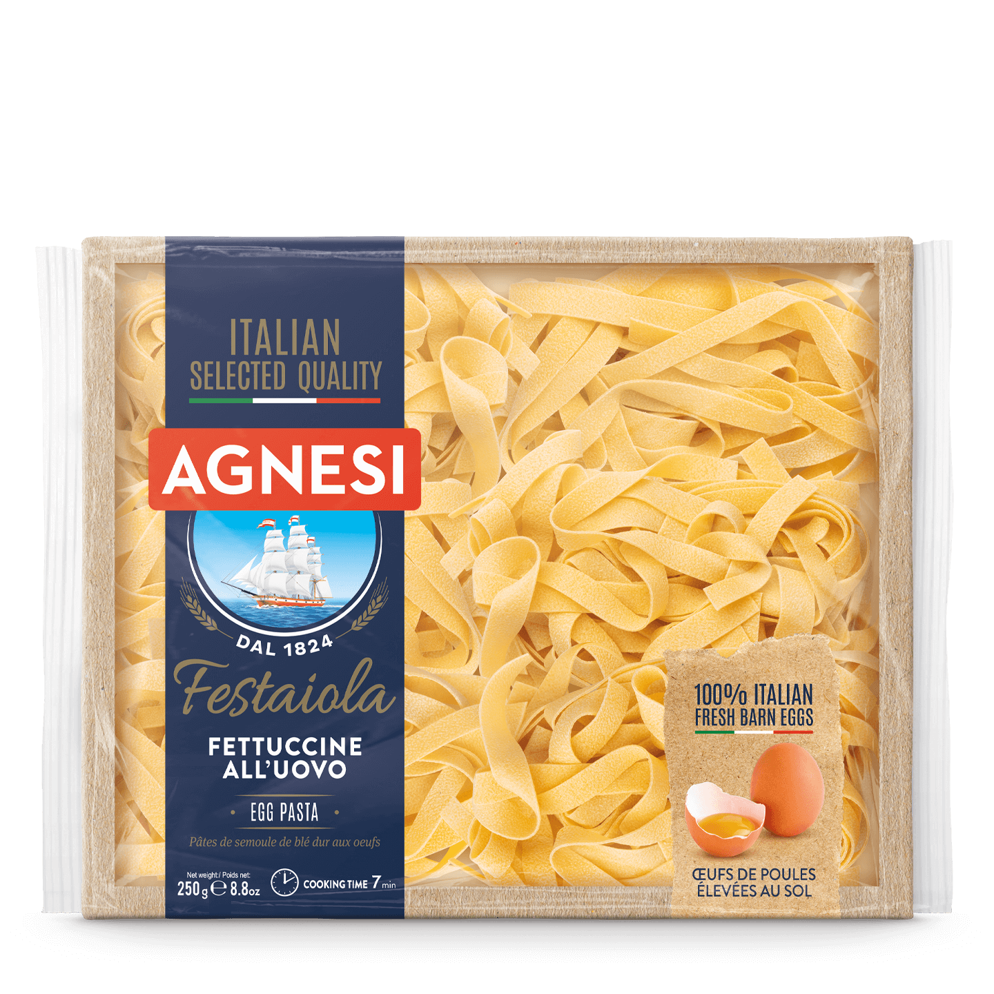 Agnesi Festaiola Fettuccine pasta in a bowl, showcasing the fresh, golden Italian noodle strands from the Agnesi grocery brand.