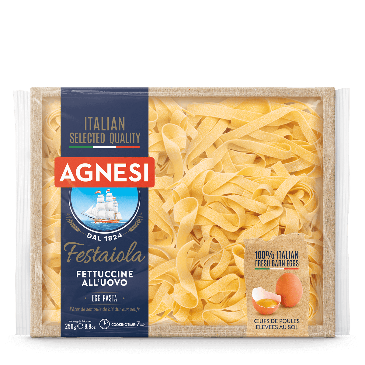 Agnesi Festaiola Fettuccine pasta in a bowl, showcasing the fresh, golden Italian noodle strands from the Agnesi grocery brand.