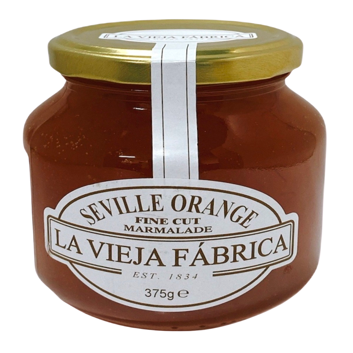 Jar of Fragata orange marmalade jam with a spoon, showcasing bright orange color and smooth texture in a grocery product image.
