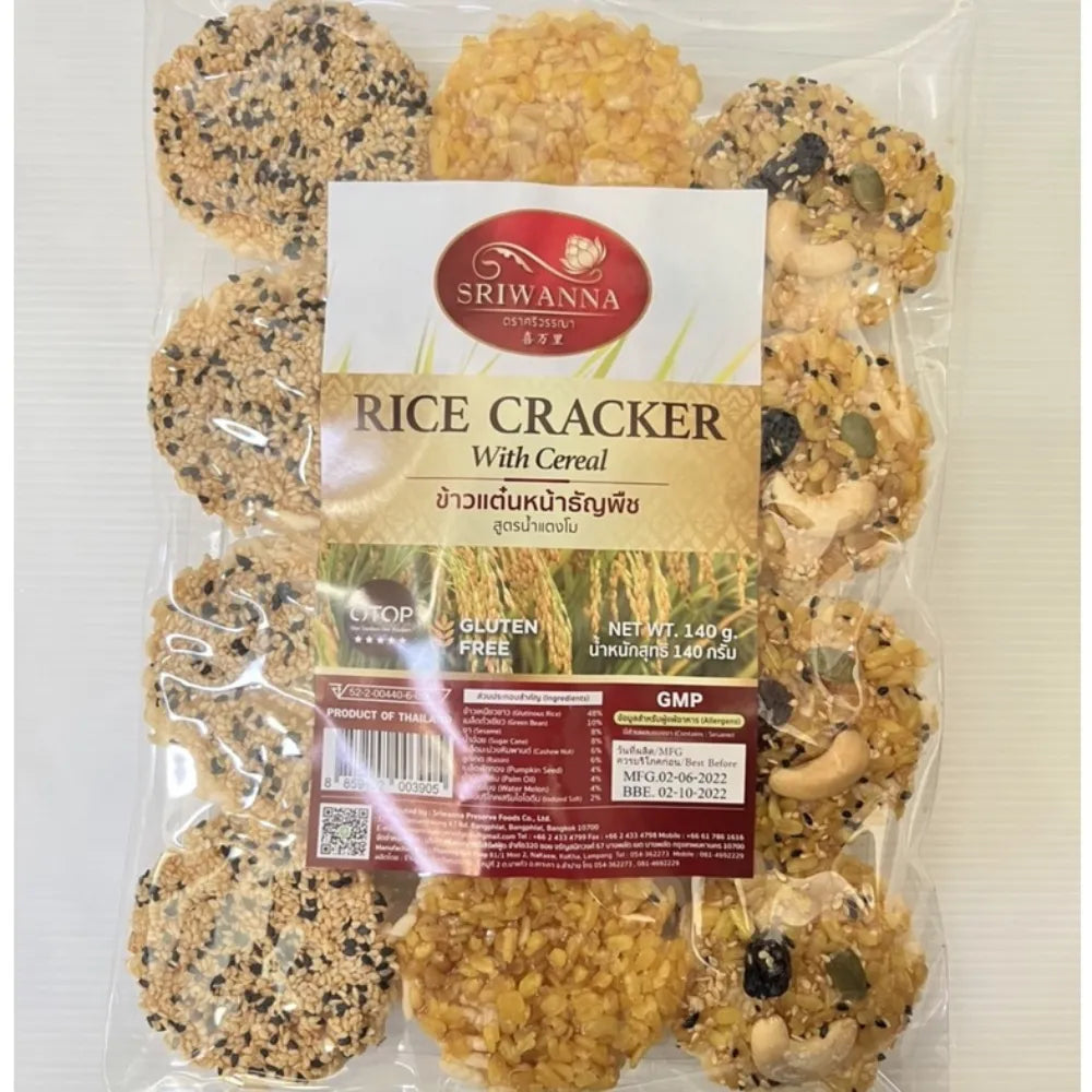 Sriwanna Rice Crackers with cereal, 140g snack pack, crispy confectionery treat with rice and cereal ingredients.
