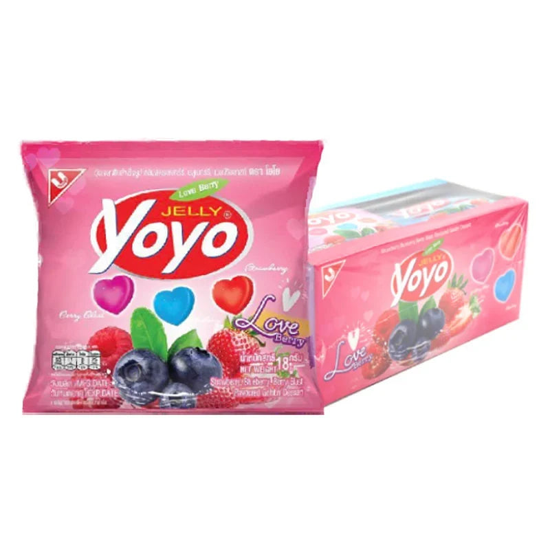 YO YO Love Berry Gelatin Jelly heat shape, 18g snack pack, colorful dry grocery confectionery, featuring berry-flavored gelatin jelly pieces.